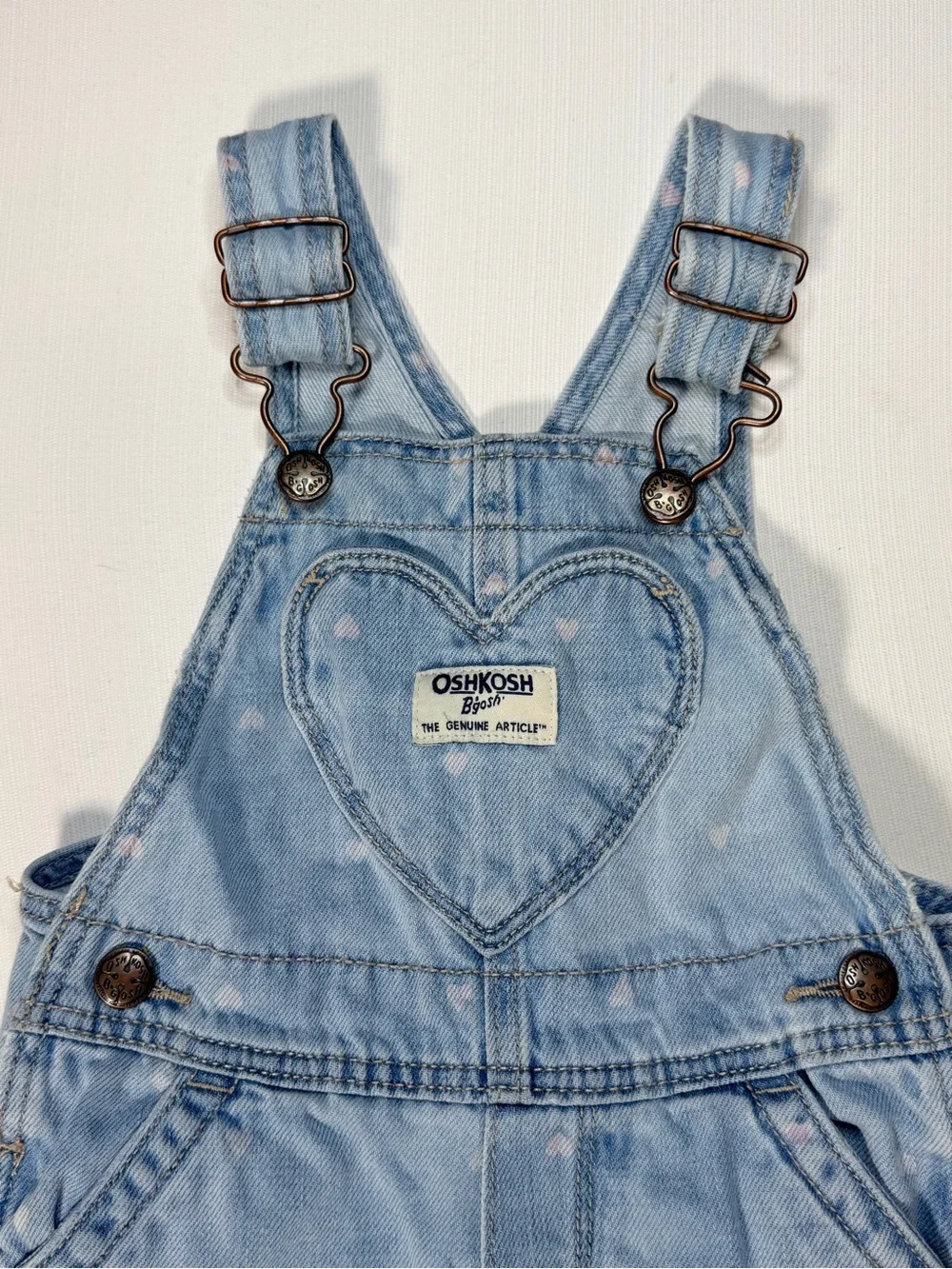 OshKosh B’gosh Baby Girls 12M Denim Overalls Heart Pocket Pink Hearts Bib